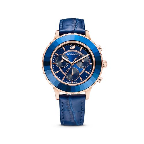 Relógio Octea Lux Chrono, pulseira de couro, azul, PVD rosa dourado