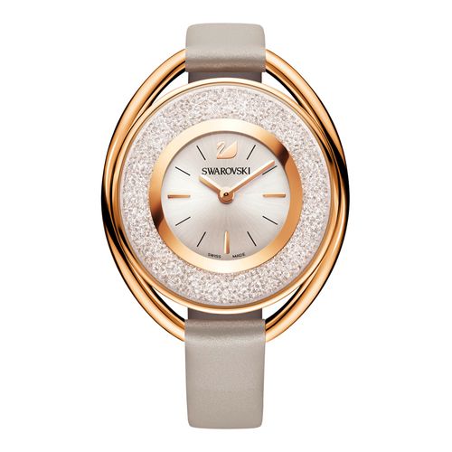 Relógio Crystalline Oval, Pulseira de Couro, Cinza, Revestido em Tom de Ouro Rosa
