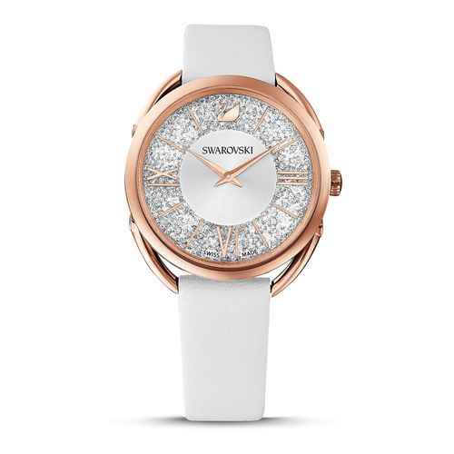 Relógio Crystalline Glam, Pulseira de Couro, Branco, Revestido em Tom de Ouro Rosa