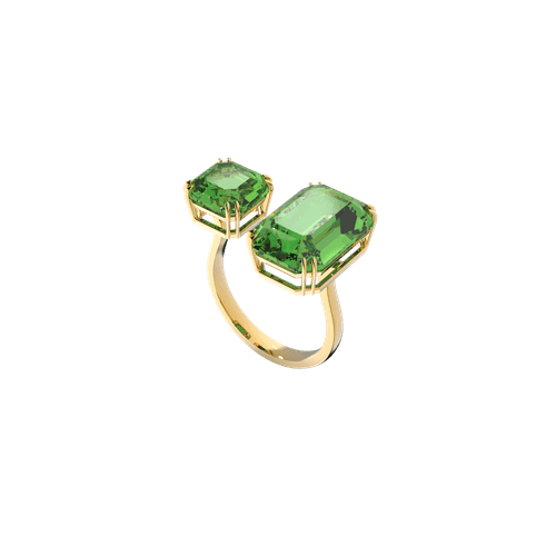 Anel cocktail Millenia, Cristais de corte octógono, Verde, banhado a dourado