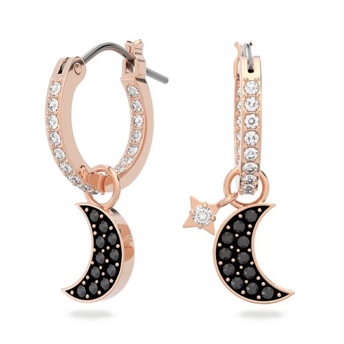 Brincos argola Swarovski Symbolic, Lua e estrela, Pretos, Banhado a rosa dourado