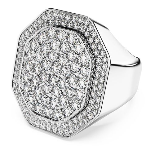 Anel cocktail Dextera, Modelo octagonal, Branco, Lacado a ródio