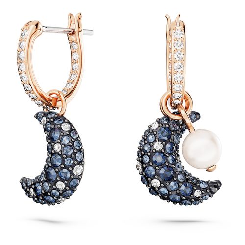 Brincos compridos Luna, Design assimétrico, Lua, Multicor, Banhado a rosa dourado