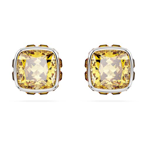 Brincos stud Birthstone, Lapidação quadrada, Novembro, Amarelo, Banhado a ródio