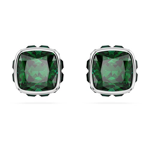 Brincos stud Birthstone, Lapidação quadrada, Maio, Verde, Banhado a ródio