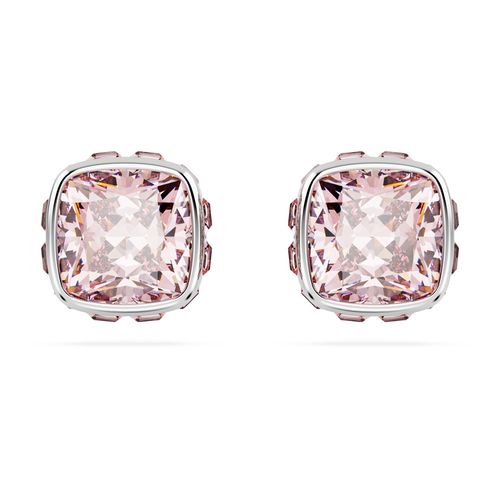 Brincos stud Birthstone, Lapidação quadrada, Junho, Rosa, Banhado a ródio