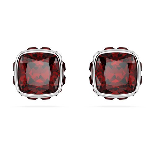 Brincos stud Birthstone, Lapidação quadrada, Janeiro, Vermelhas, Banhado a ródio