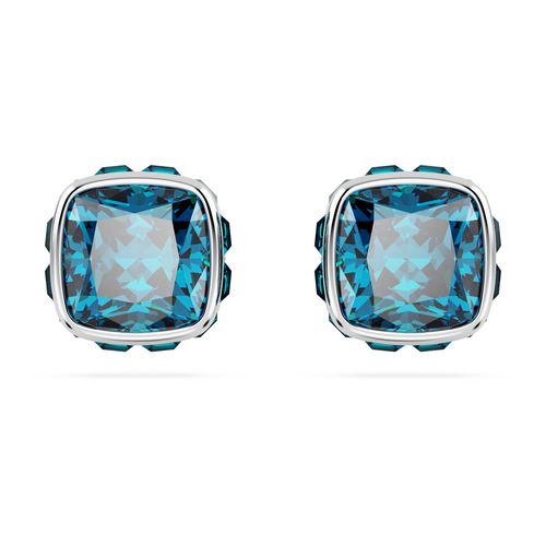 Brincos stud Birthstone, Lapidação quadrada, Dezembro, Azul, Banhado a ródio