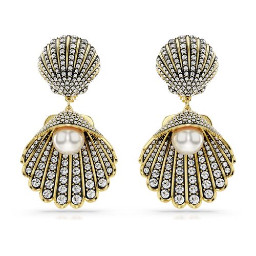 Brincos de mola Idyllia, Crystal Pearl, Concha, Brancos, Revestido em dourado