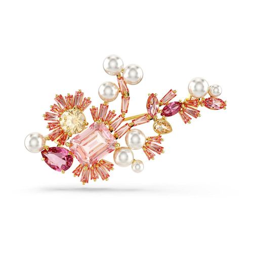 Broche Gema, Crystal Pearl, Combinação de lapidações, Flor, Cor-de-rosa, Revestido em dourado