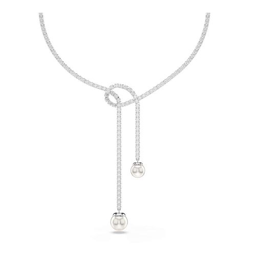 Colar Y Matrix, Crystal Pearl, Lapidação redonda, Branco, Revestido em ródio