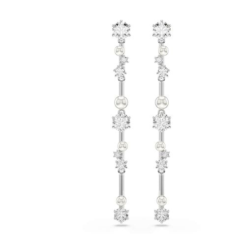 Brincos compridos Constella, Crystal Pearl, Lapidações redondas, Branco, Revestido em ródio