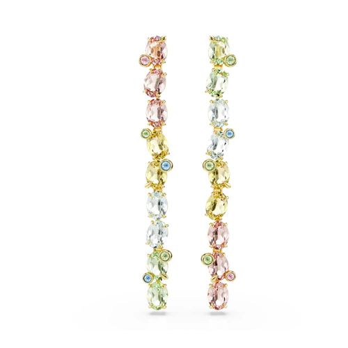 Brincos compridos Gema, Design assimétrico, Combinação de lapidações, Multicor, Revestido em dourado