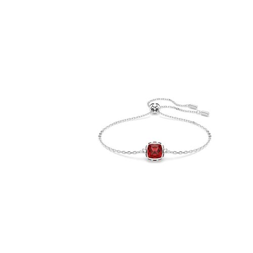 Pulseira Birthstone, Lapidação quadrada, Janeiro, Vermelha, Revestido em ródio