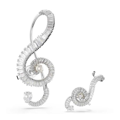 Brincos de mola Ariana Grande x Swarovski, Design assimétrico, Crystal Pearl, Lapidação Baguete, Brancos, Revestido em ródio