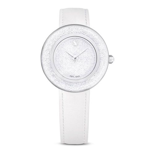 Relógio Crystalline Lustre, Fabricação suíça, Pulseira de couro, Branco, Aço inoxidável