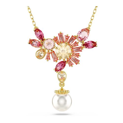 Pingente Gema, Combinação de lapidações, Crystal pearl, Flor, Rosa, Revestido em dourado