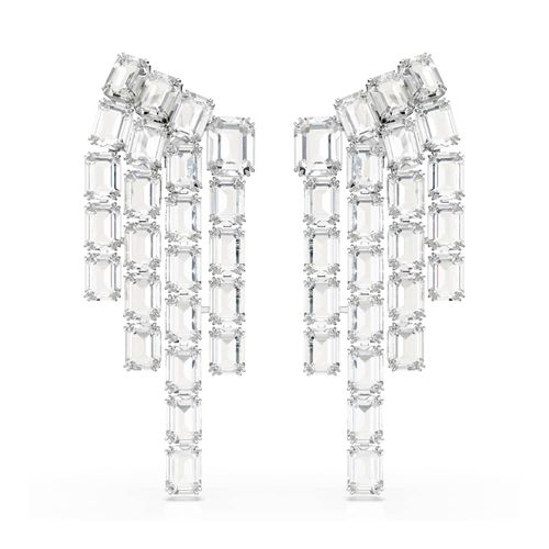 Brincos de mola Millenia, Lapidação octogonal, Chandelier, Brancos, Revestido em ródio