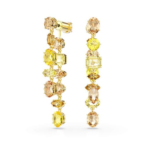 Brincos compridos Gema, Design assimétrico, Combinação de lapidações, Grande, Amarelo, Revestido em dourado