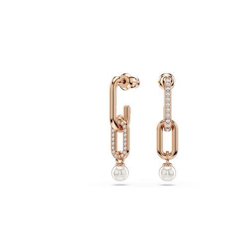 Brincos compridos Constella, Crystal Pearl, Lapidação redonda, Branco, Revestido em rosa dourado