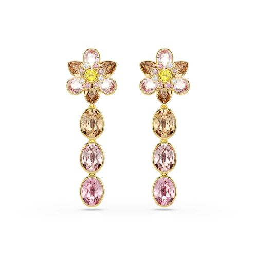 Brincos compridos Idyllia, Combinação de lapidações, Flor, Multicor, Revestido em dourado