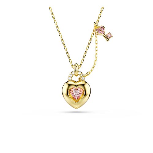 Pingente Idyllia, Combinação de lapidações, Coração, chave, Rosa, Acabado em tom dourado