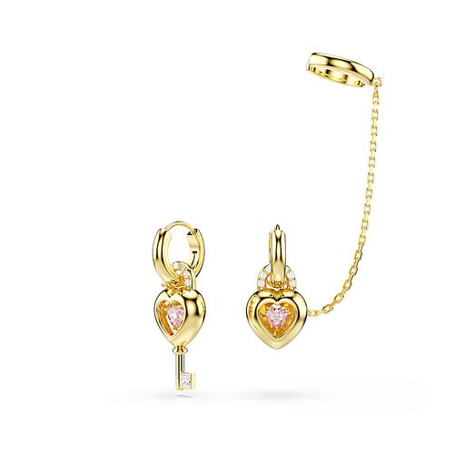 Brincos compridos com brinco cuff Idyllia, Combinação de lapidações, Coração com chave, Rosa, Acabado em tom dourado