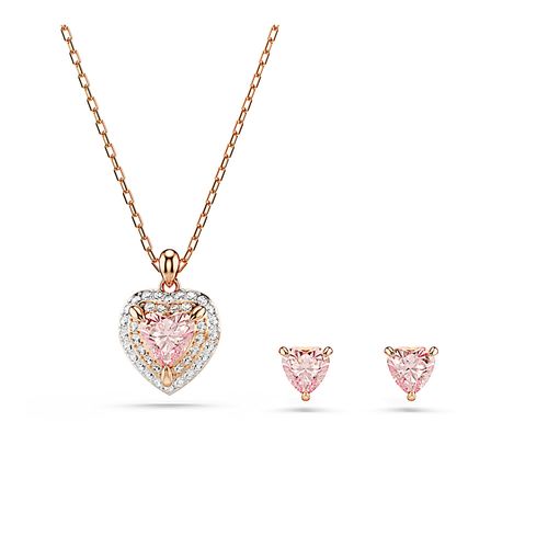 Conjunto One, Lapidação Coração, Pavé, Coração, Rosa, Acabado em combinação de metais