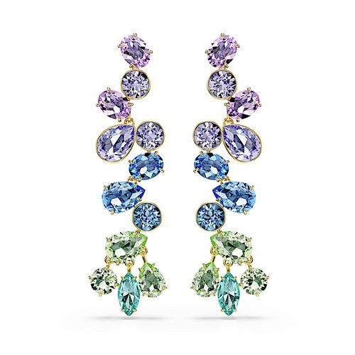 Brincos compridos Gema, Combinação de lapidações, Candelabro, Grande, Multicor, Acabado em tom dourado