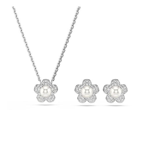 Conjunto Ariana Grande x Swarovski, Crystal Pearl, Lapidação redonda, Flor, Branco, Acabado em ródio